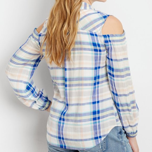 Maurices XL White Blue Plaid Check Cold Shoulder Button Down Shirt Top Boho - Picture 2 of 6
